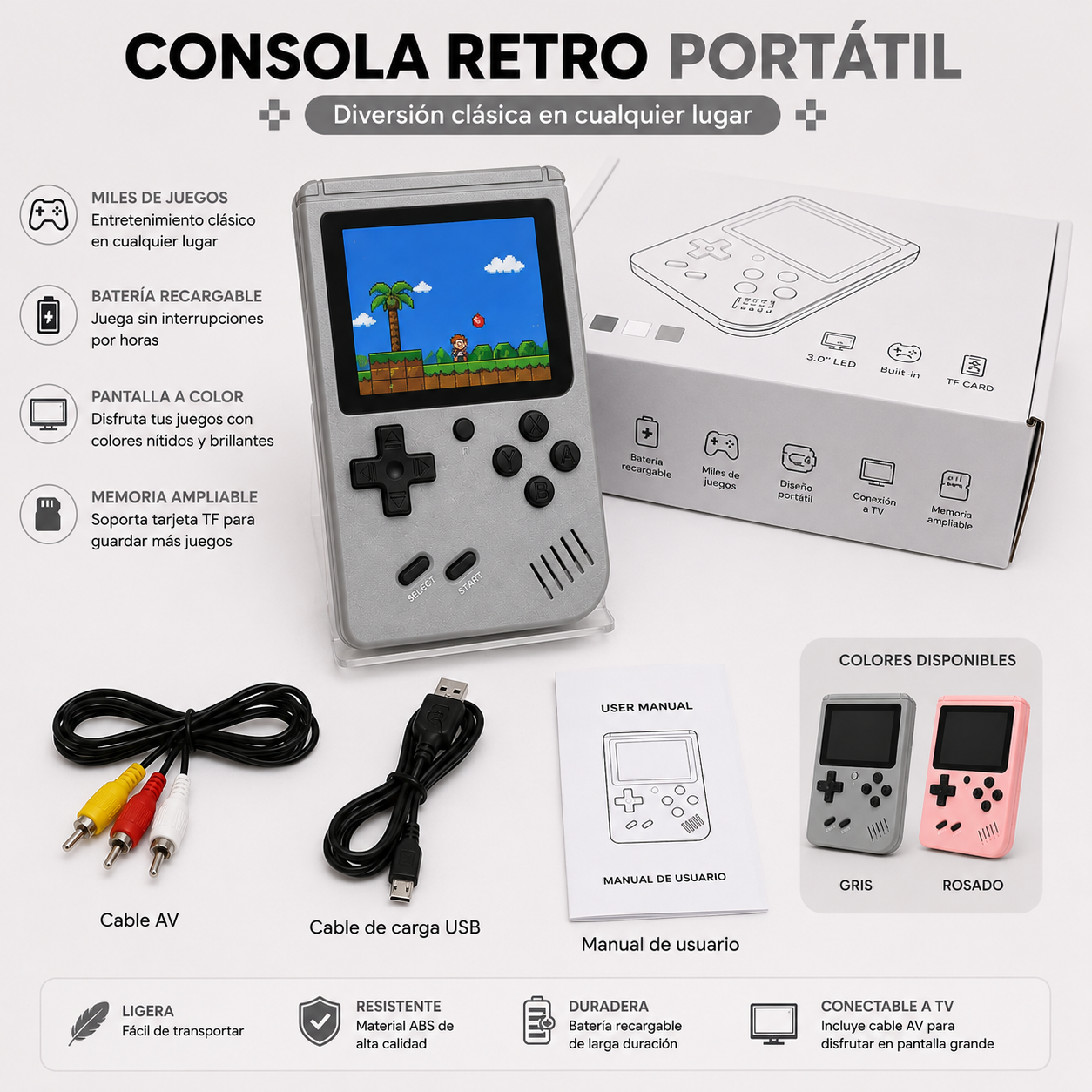 Empaque de consola Game Box X9 con pantalla de 5.5 pulgadas, conexión a TV, almacenamiento expandible y diseño portátil para entretenimiento.
Vista frontal de consola Game Box X9 portátil con pantalla a color, controles físicos y compatibilidad para juegos clásicos.