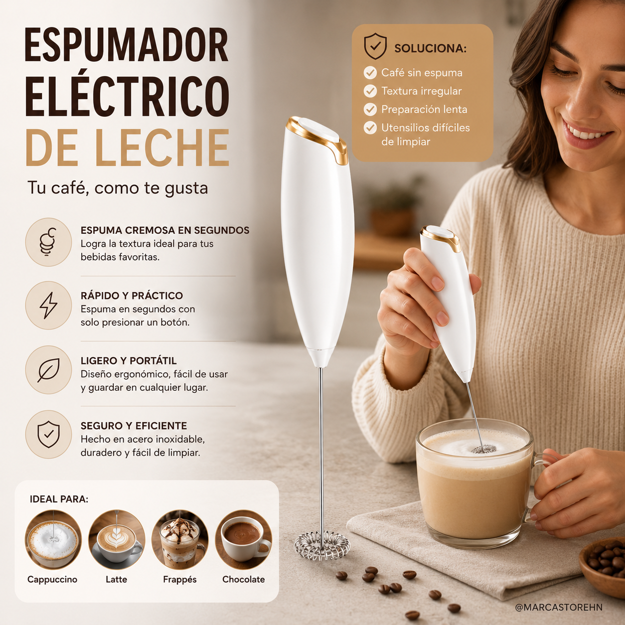 Espumador de leche portátil color blanco con varilla de acero inoxidable para preparar espuma en café, latte y capuchino.