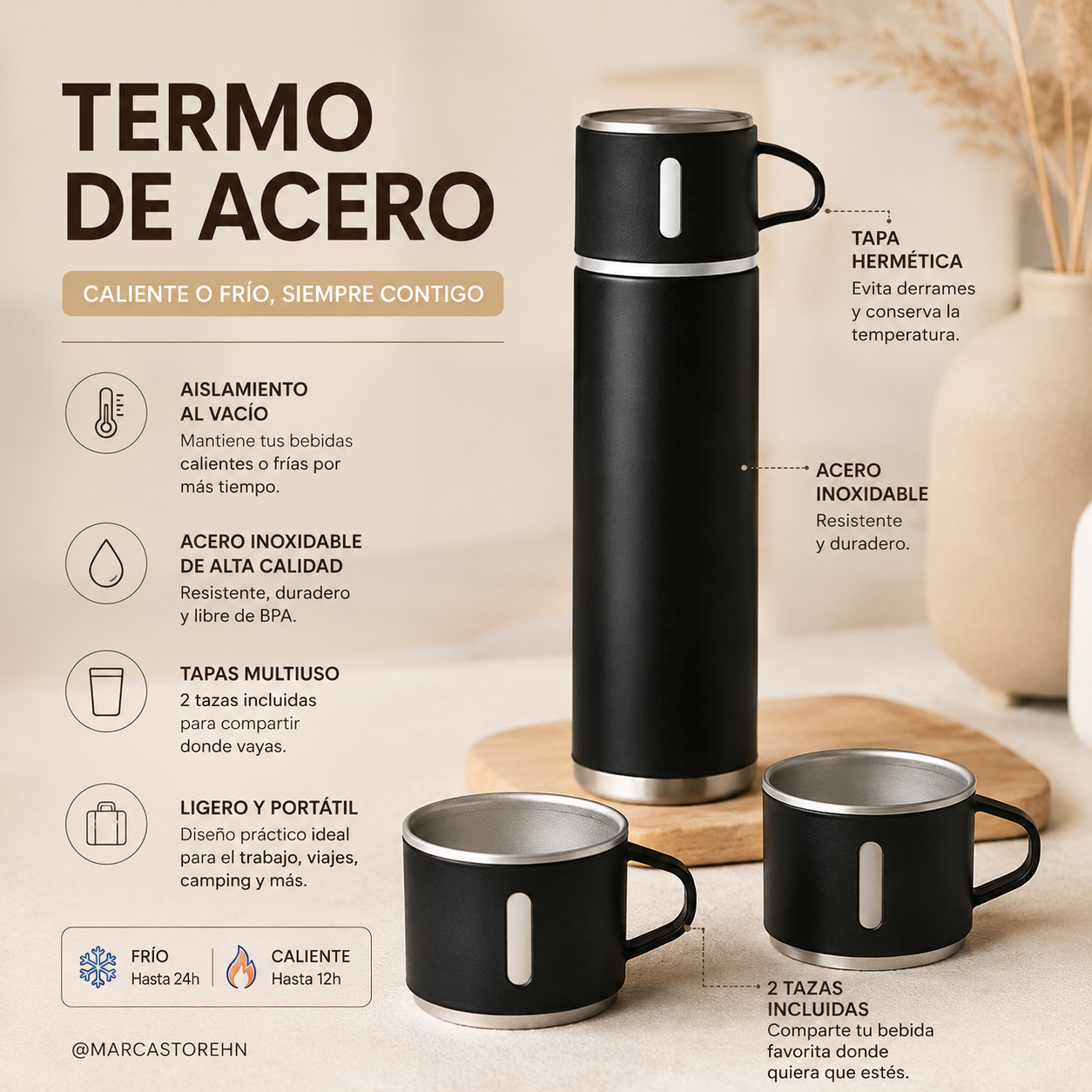Termo de acero inoxidable con diseño moderno y elegante, ideal para mantener bebidas frías o calientes durante horas. Cuenta con tapa hermética antiderrames, estructura resistente, acabado premium y tamaño práctico para uso diario, oficina, gimnasio, viajes y actividades al aire libre.