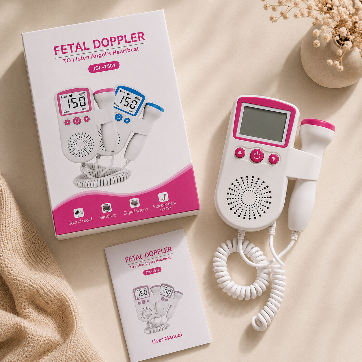 Monitor fetal portátil Doppler con pantalla LCD, sonda de 3.0 MHz y diseño ergonómico en color rosa para escuchar y visualizar la frecuencia cardíaca fetal durante el embarazo.