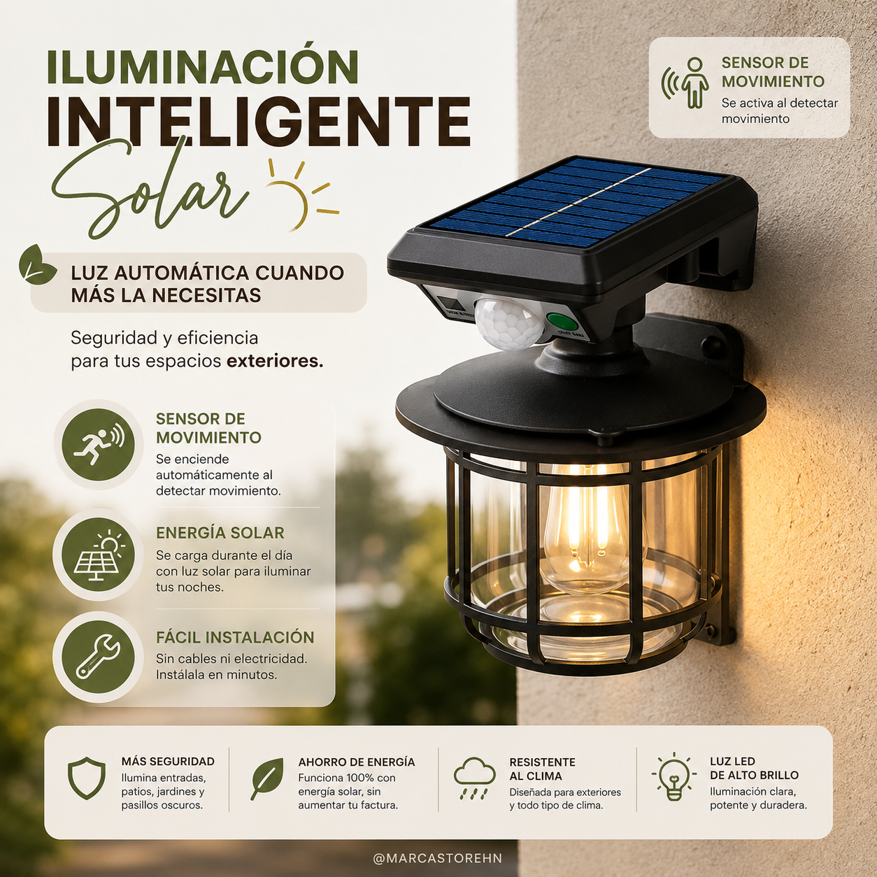 Lámpara solar LED para jardín con panel solar integrado y montaje en pared para uso exterior.