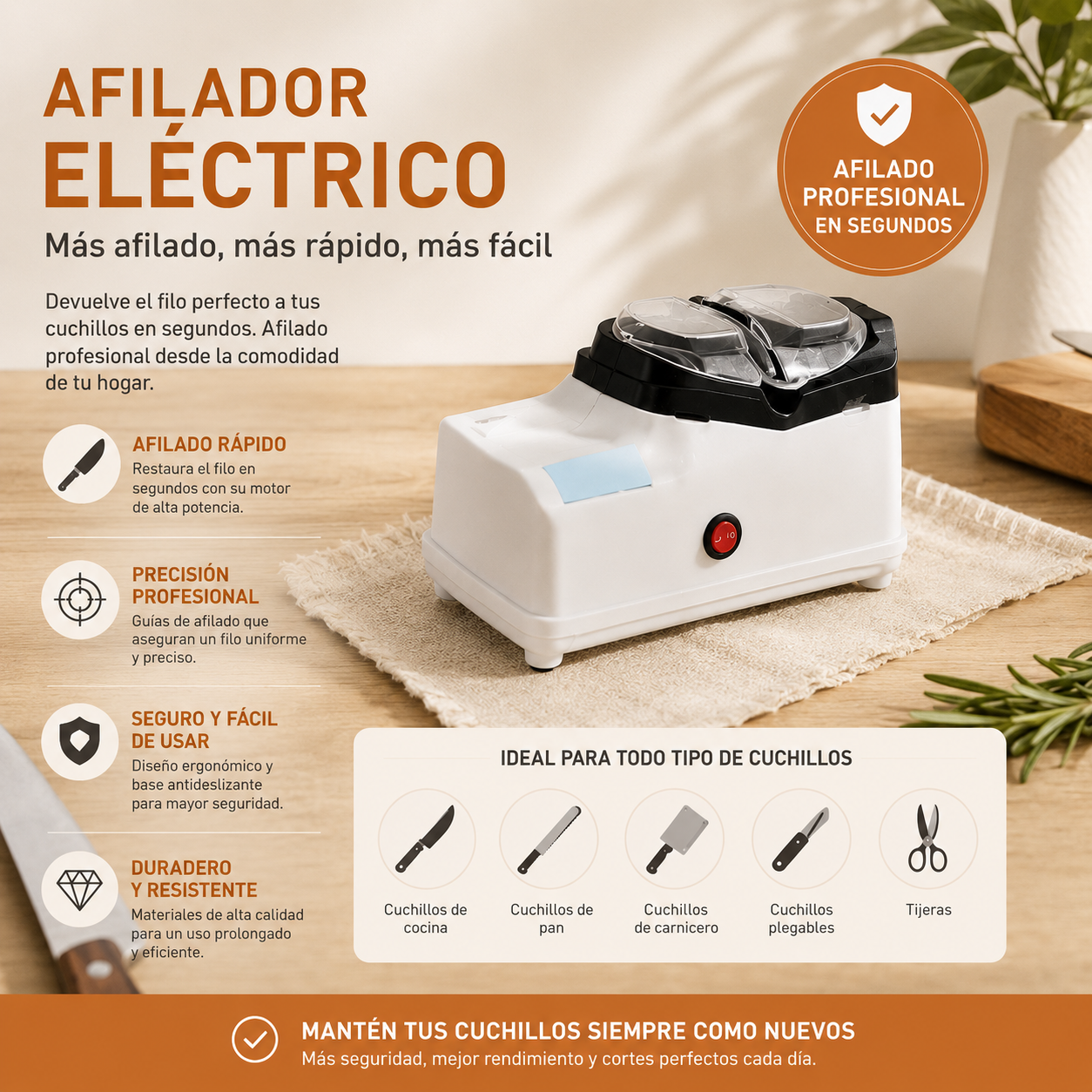 Afilador de cuchillos manual con diseño ergonómico y sistema de afilado de varias etapas. Ideal para restaurar el filo de cuchillos de cocina de forma rápida, segura y sencilla. Fabricado con materiales resistentes para un uso duradero en el hogar.
