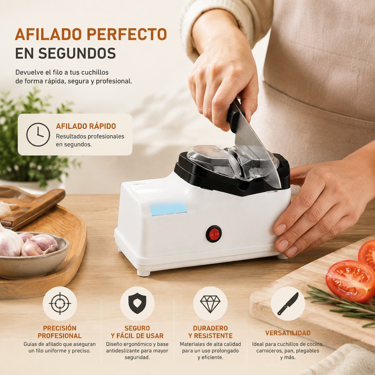 Afilador de cuchillos manual con diseño ergonómico y sistema de afilado de varias etapas. Ideal para restaurar el filo de cuchillos de cocina de forma rápida, segura y sencilla. Fabricado con materiales resistentes para un uso duradero en el hogar.