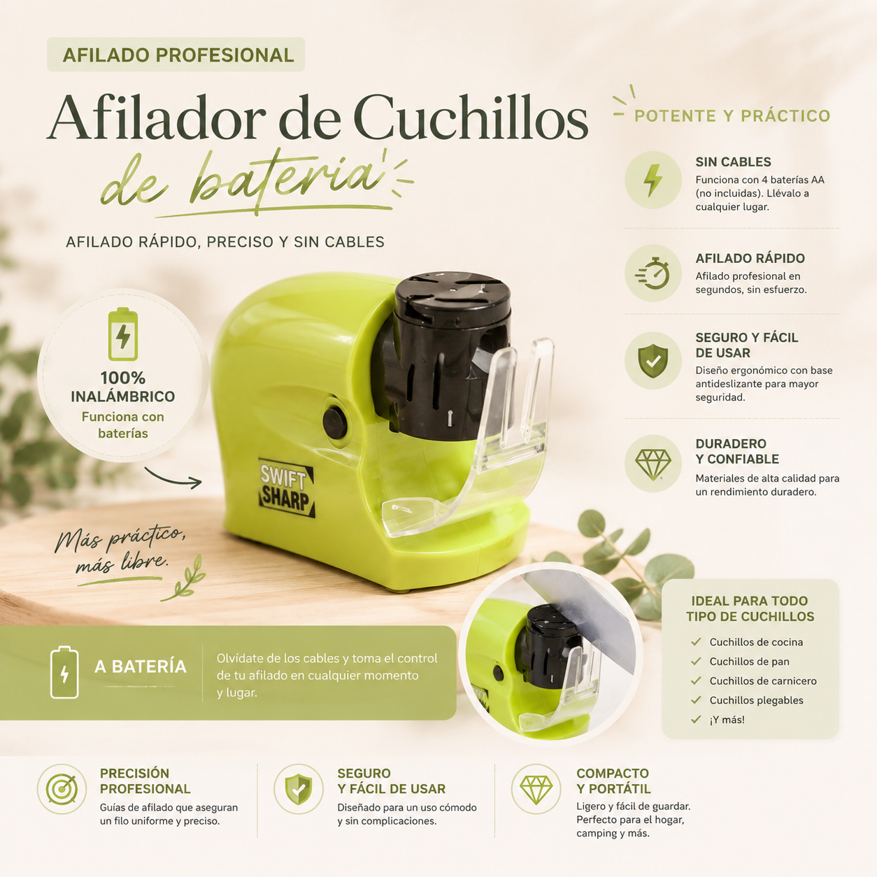 Afilador de cuchillos manual con diseño ergonómico y sistema de afilado de varias etapas. Ideal para restaurar el filo de cuchillos de cocina de forma rápida, segura y sencilla. Fabricado con materiales resistentes para un uso duradero en el hogar.