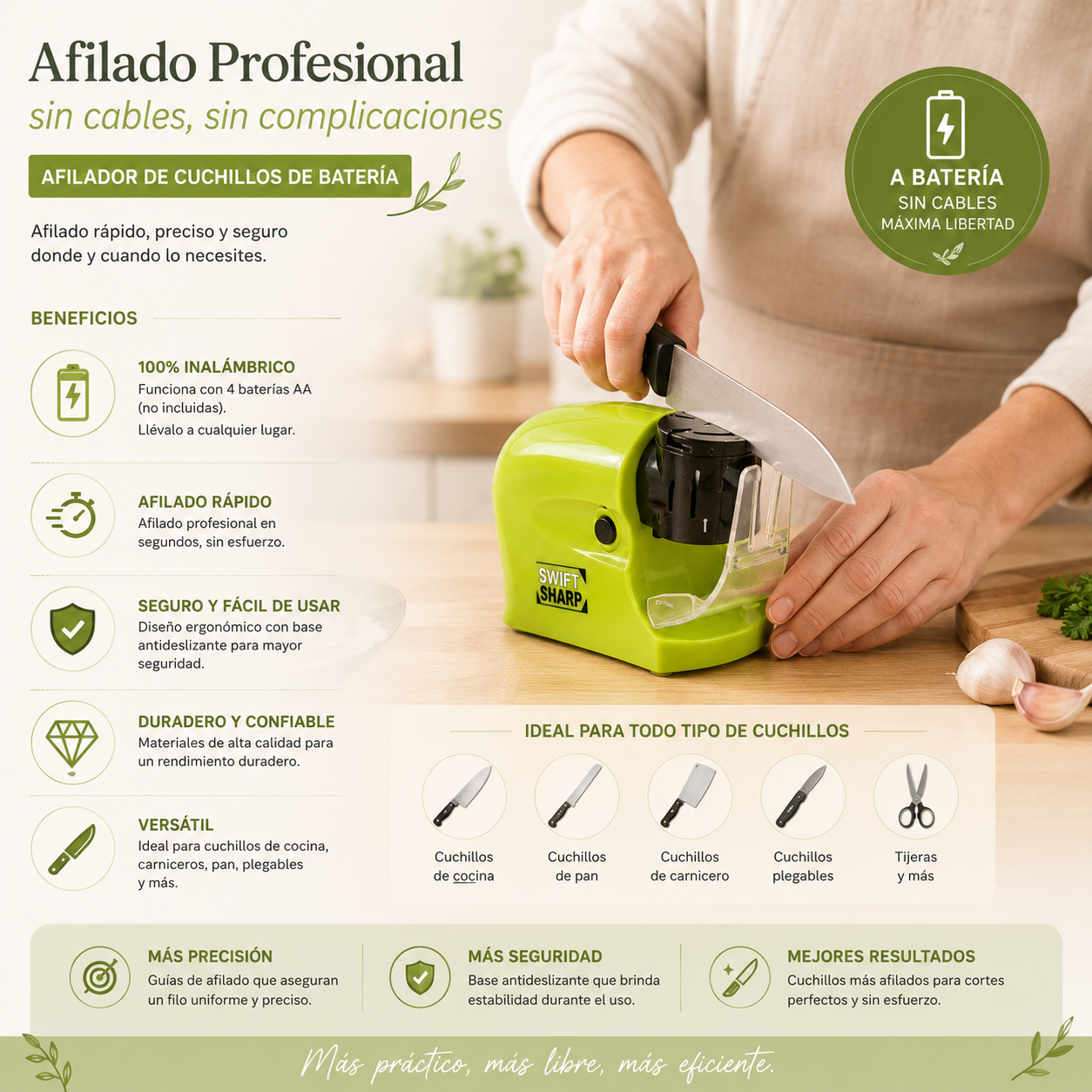 Afilador de cuchillos manual con diseño ergonómico y sistema de afilado de varias etapas. Ideal para restaurar el filo de cuchillos de cocina de forma rápida, segura y sencilla. Fabricado con materiales resistentes para un uso duradero en el hogar.
