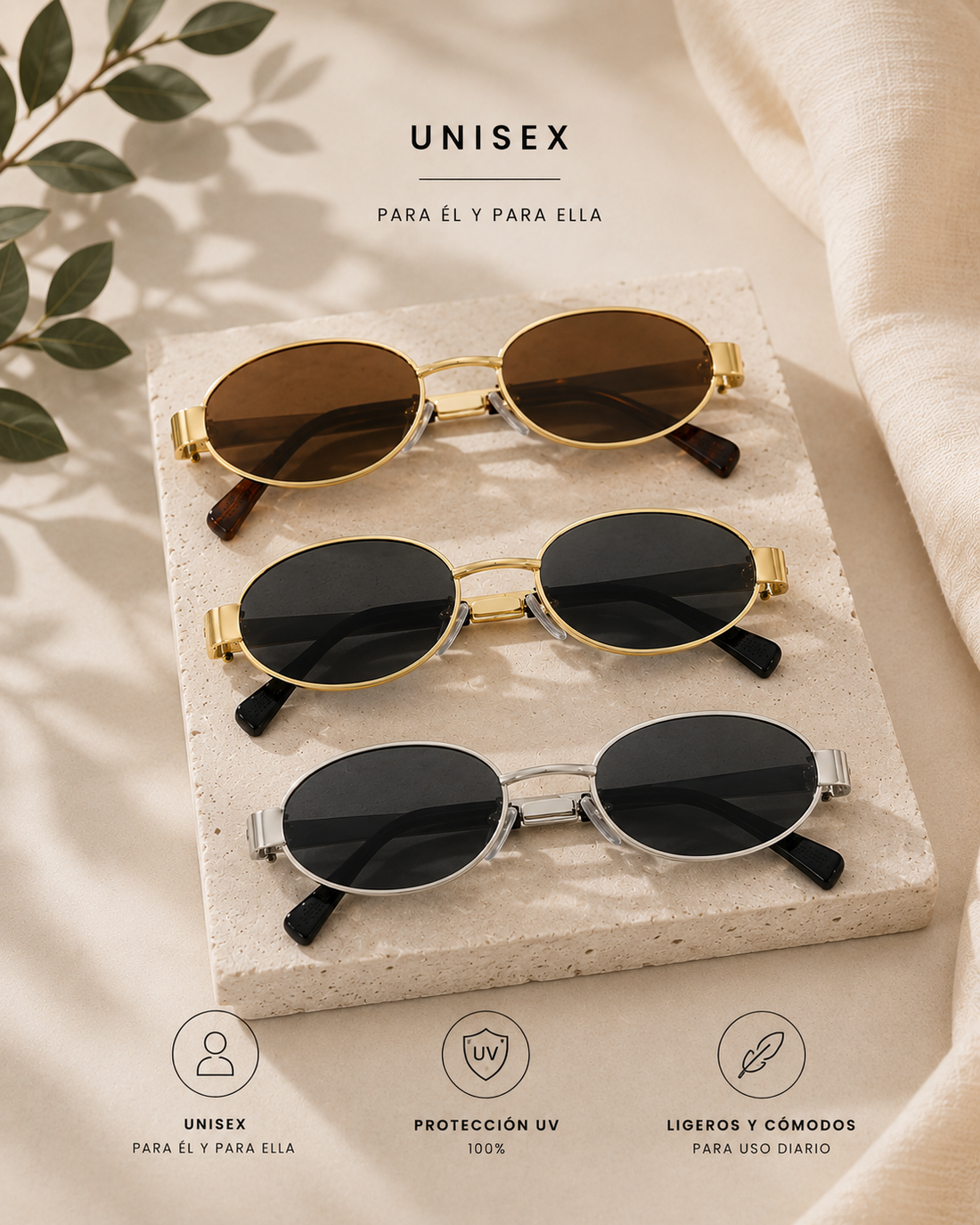 Gafas de sol con diseño moderno y elegante, ideales para proteger los ojos de la luz solar mientras complementan su estilo en actividades diarias y al aire libre.