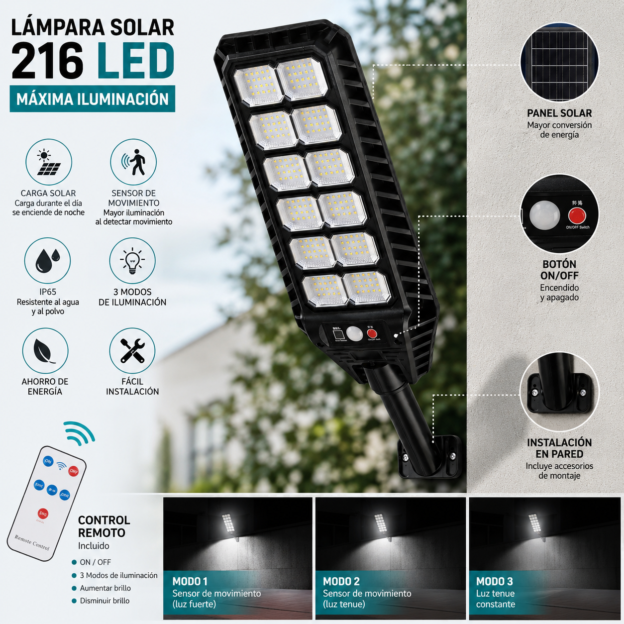 Lámpara solar LED para exteriores con panel solar integrado y protección impermeable IP66.