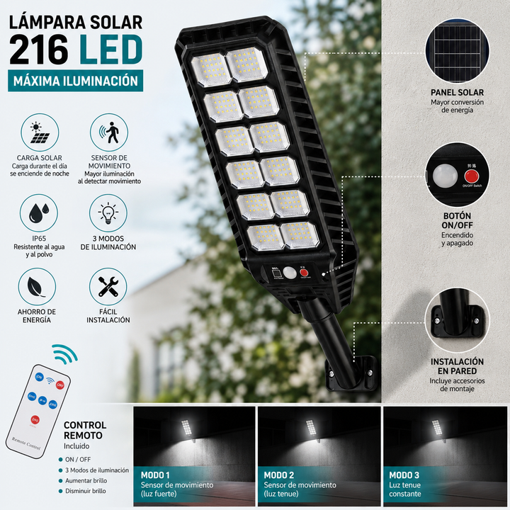 Lámpara solar LED para exteriores con panel solar integrado y protección impermeable IP66.