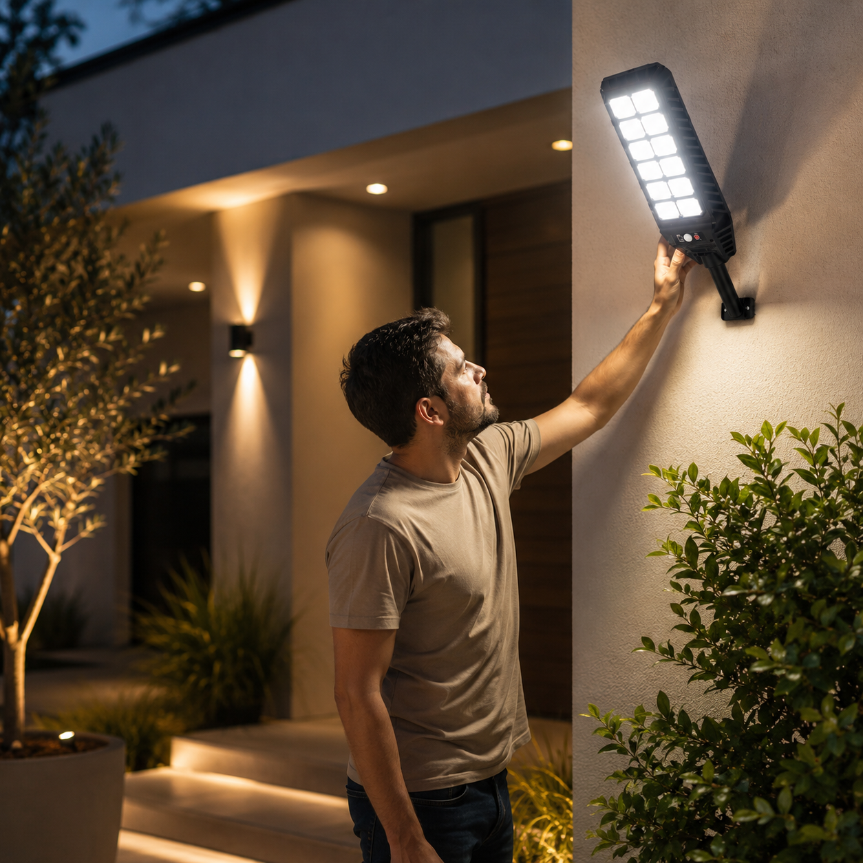 Lámpara solar LED para exteriores con panel solar integrado y protección impermeable IP66.