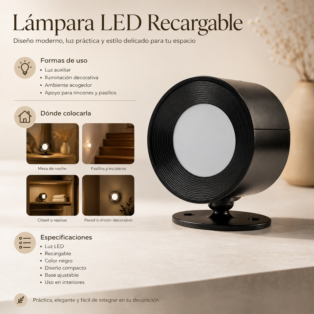 Lámpara LED de pared recargable con control remoto, brillo ajustable, temporizador y base magnética orientable, ideal para dormitorio, lectura y espacios del hogar.