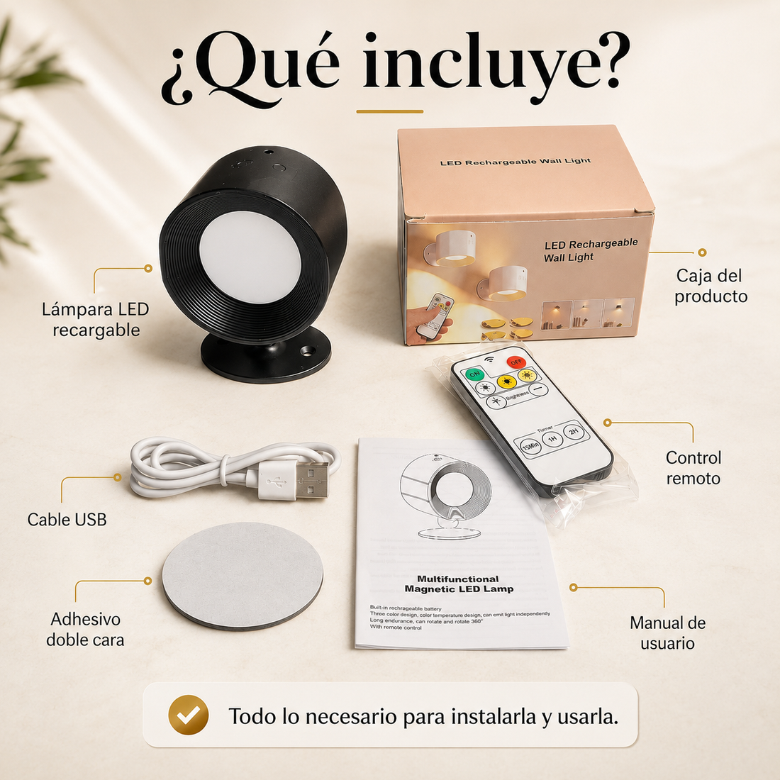 Lámpara LED de pared recargable con control remoto, brillo ajustable, temporizador y base magnética orientable, ideal para dormitorio, lectura y espacios del hogar.