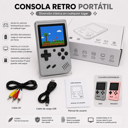 Empaque de consola Game Box X9 con pantalla de 5.5 pulgadas, conexión a TV, almacenamiento expandible y diseño portátil para entretenimiento.
Vista frontal de consola Game Box X9 portátil con pantalla a color, controles físicos y compatibilidad para juegos clásicos.
