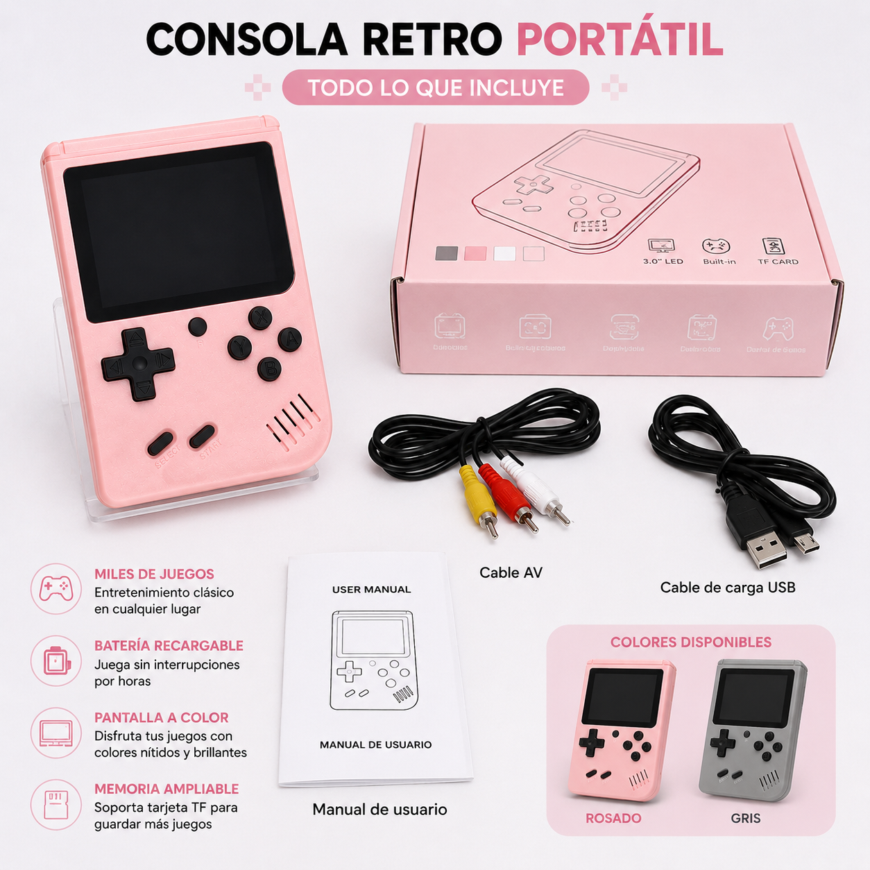 Empaque de consola Game Box X9 con pantalla de 5.5 pulgadas, conexión a TV, almacenamiento expandible y diseño portátil para entretenimiento.
Vista frontal de consola Game Box X9 portátil con pantalla a color, controles físicos y compatibilidad para juegos clásicos.

