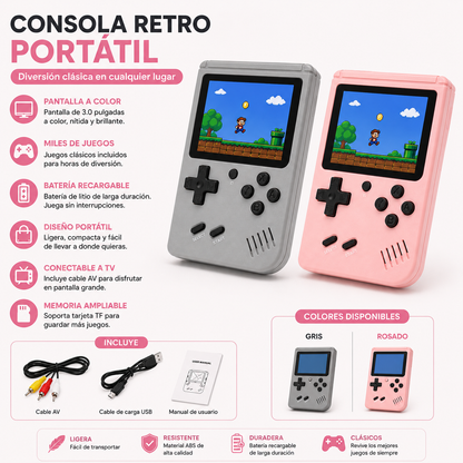 Empaque de consola Game Box X9 con pantalla de 5.5 pulgadas, conexión a TV, almacenamiento expandible y diseño portátil para entretenimiento.
Vista frontal de consola Game Box X9 portátil con pantalla a color, controles físicos y compatibilidad para juegos clásicos.
