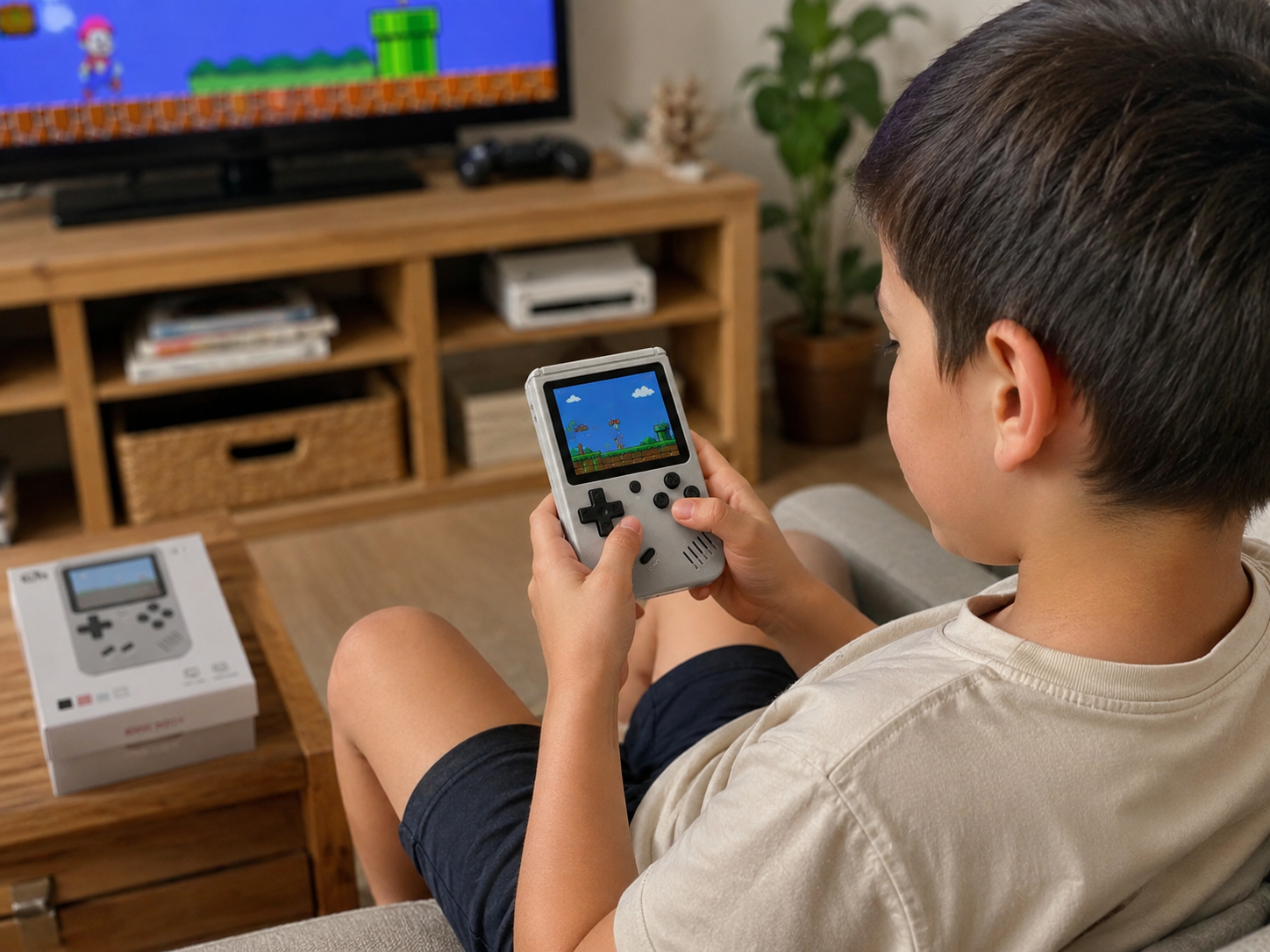 Empaque de consola Game Box X9 con pantalla de 5.5 pulgadas, conexión a TV, almacenamiento expandible y diseño portátil para entretenimiento.
Vista frontal de consola Game Box X9 portátil con pantalla a color, controles físicos y compatibilidad para juegos clásicos.
