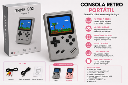 Empaque de consola Game Box X9 con pantalla de 5.5 pulgadas, conexión a TV, almacenamiento expandible y diseño portátil para entretenimiento.
Vista frontal de consola Game Box X9 portátil con pantalla a color, controles físicos y compatibilidad para juegos clásicos.
