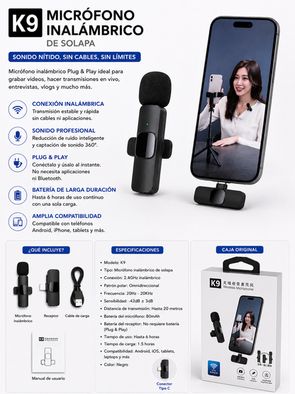 Micrófono inalámbrico K9 con dos transmisores, receptor USB, cable de carga y manual de usuario para grabación de audio y creación de contenido.