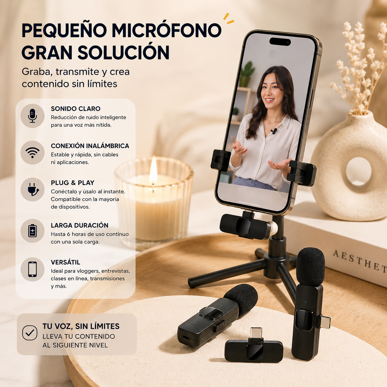 Micrófono inalámbrico K9 con dos transmisores, receptor USB, cable de carga y manual de usuario para grabación de audio y creación de contenido.