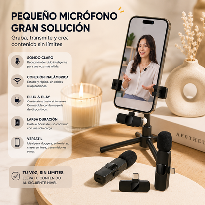 Micrófono inalámbrico K9 con dos transmisores, receptor USB, cable de carga y manual de usuario para grabación de audio y creación de contenido.