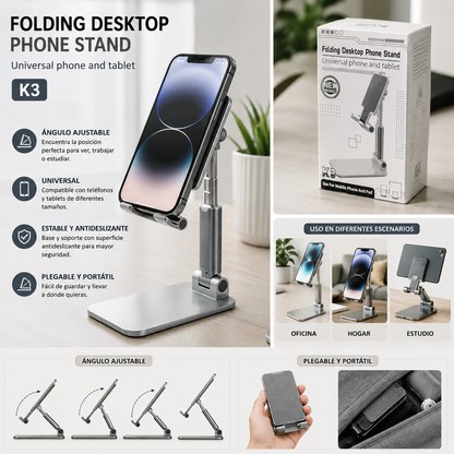 Soporte plegable K3 para teléfono móvil o tableta, diseño ajustable y compacto que brinda estabilidad y comodidad para ver contenido, realizar videollamadas o trabajar.