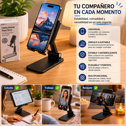 Soporte plegable K3 para teléfono móvil o tableta, diseño ajustable y compacto que brinda estabilidad y comodidad para ver contenido, realizar videollamadas o trabajar.