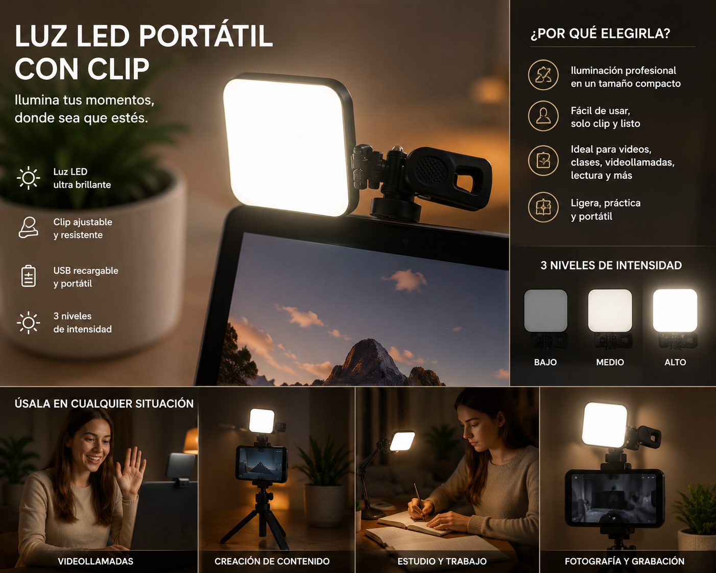 Mini luz LED portátil AY-49D para fotografía, video y creación de contenido con 49 LEDs de luz blanca 6500K.