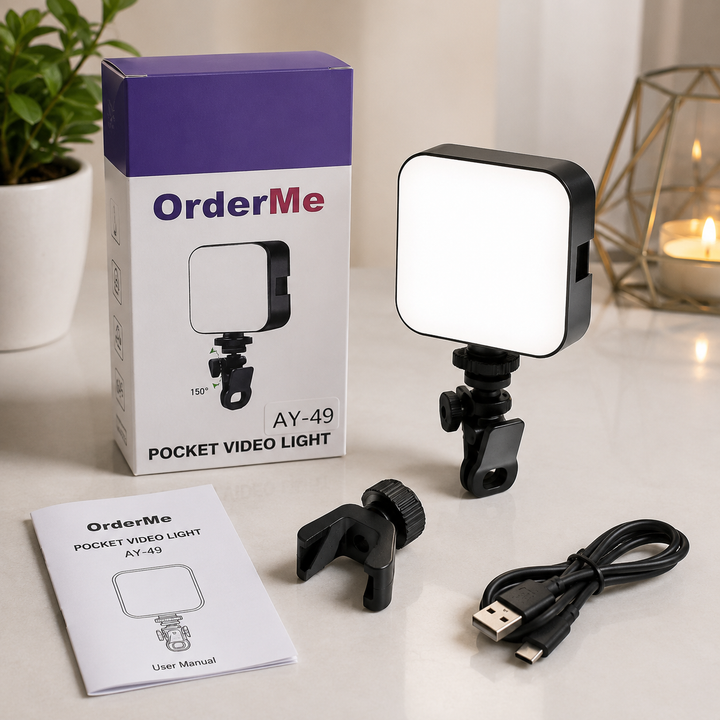 Mini luz LED portátil AY-49D para fotografía, video y creación de contenido con 49 LEDs de luz blanca 6500K.