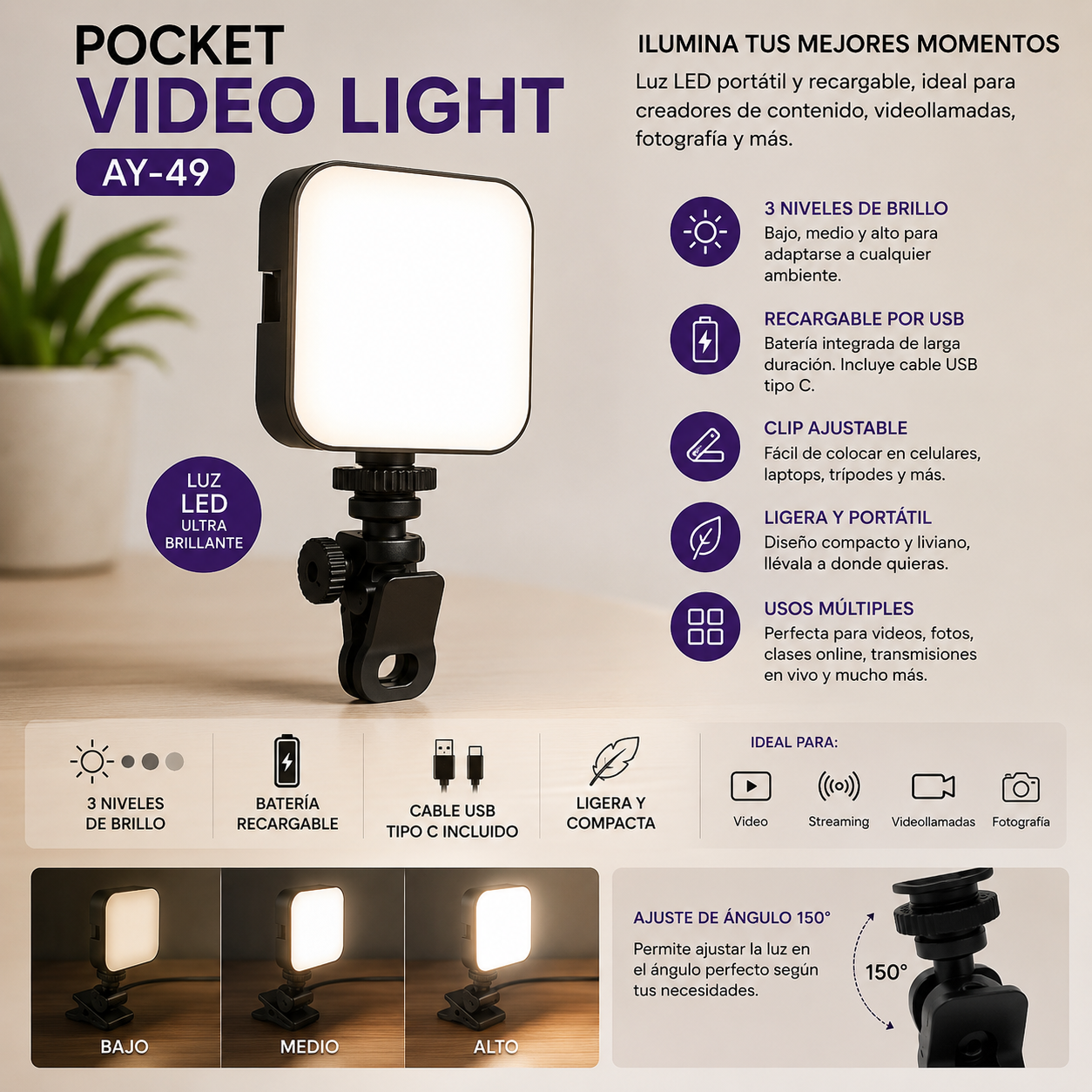 Mini luz LED portátil AY-49D para fotografía, video y creación de contenido con 49 LEDs de luz blanca 6500K.
