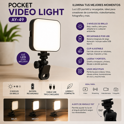 Mini luz LED portátil AY-49D para fotografía, video y creación de contenido con 49 LEDs de luz blanca 6500K.
