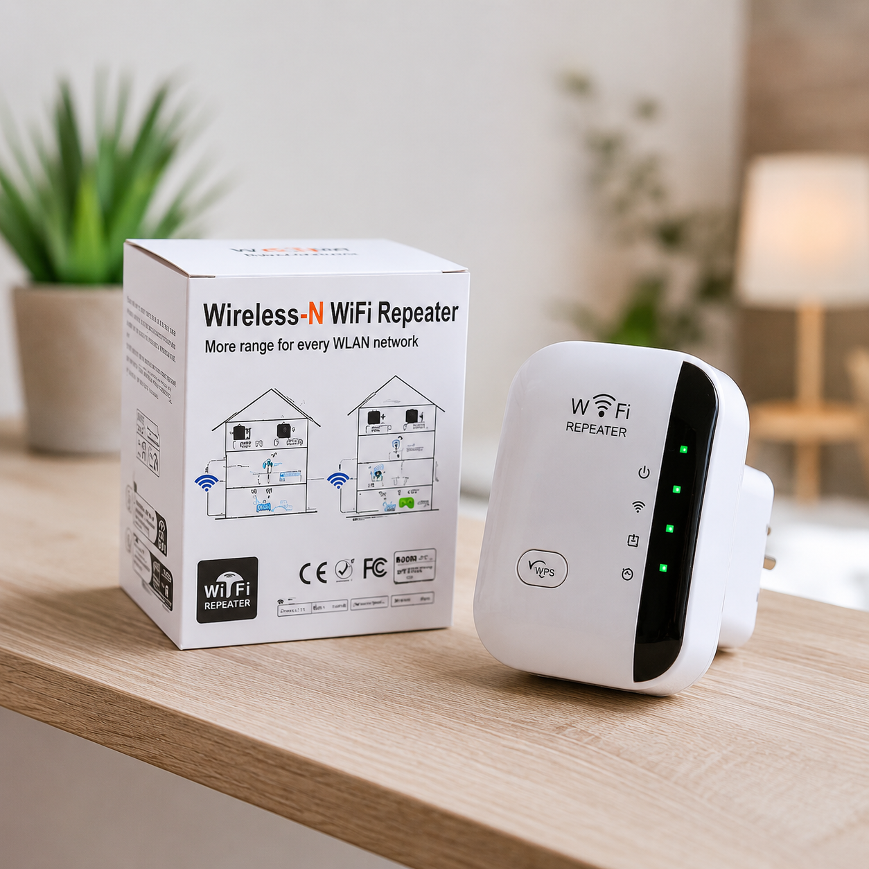 Repetidor WiFi inalámbrico para ampliar la cobertura de internet en hogares y oficinas, con instalación sencilla y diseño compacto de enchufe de pared.