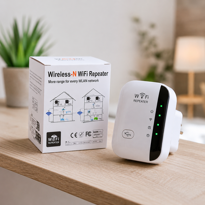 Repetidor WiFi inalámbrico para ampliar la cobertura de internet en hogares y oficinas, con instalación sencilla y diseño compacto de enchufe de pared.
