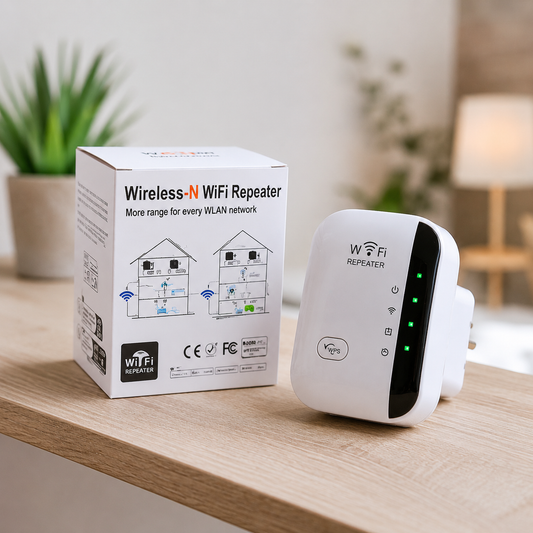 Repetidor WiFi inalámbrico para ampliar la cobertura de internet en hogares y oficinas, con instalación sencilla y diseño compacto de enchufe de pared.