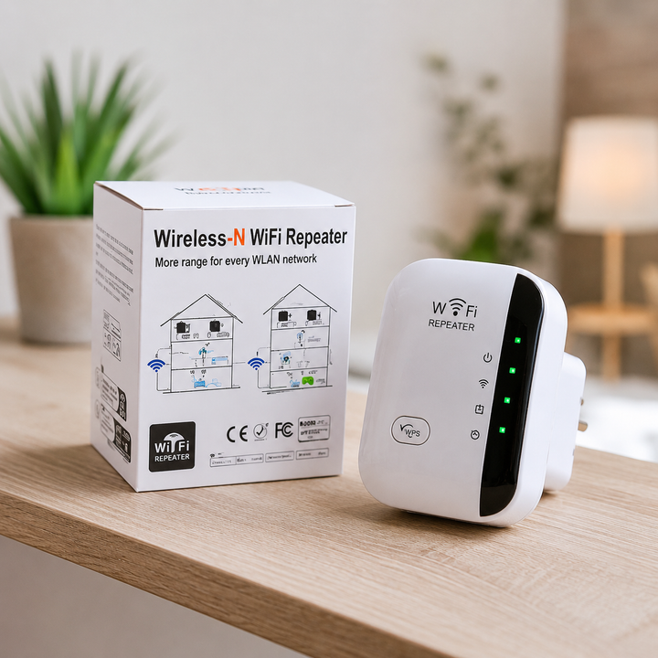 Repetidor WiFi inalámbrico para ampliar la cobertura de internet en hogares y oficinas, con instalación sencilla y diseño compacto de enchufe de pared.