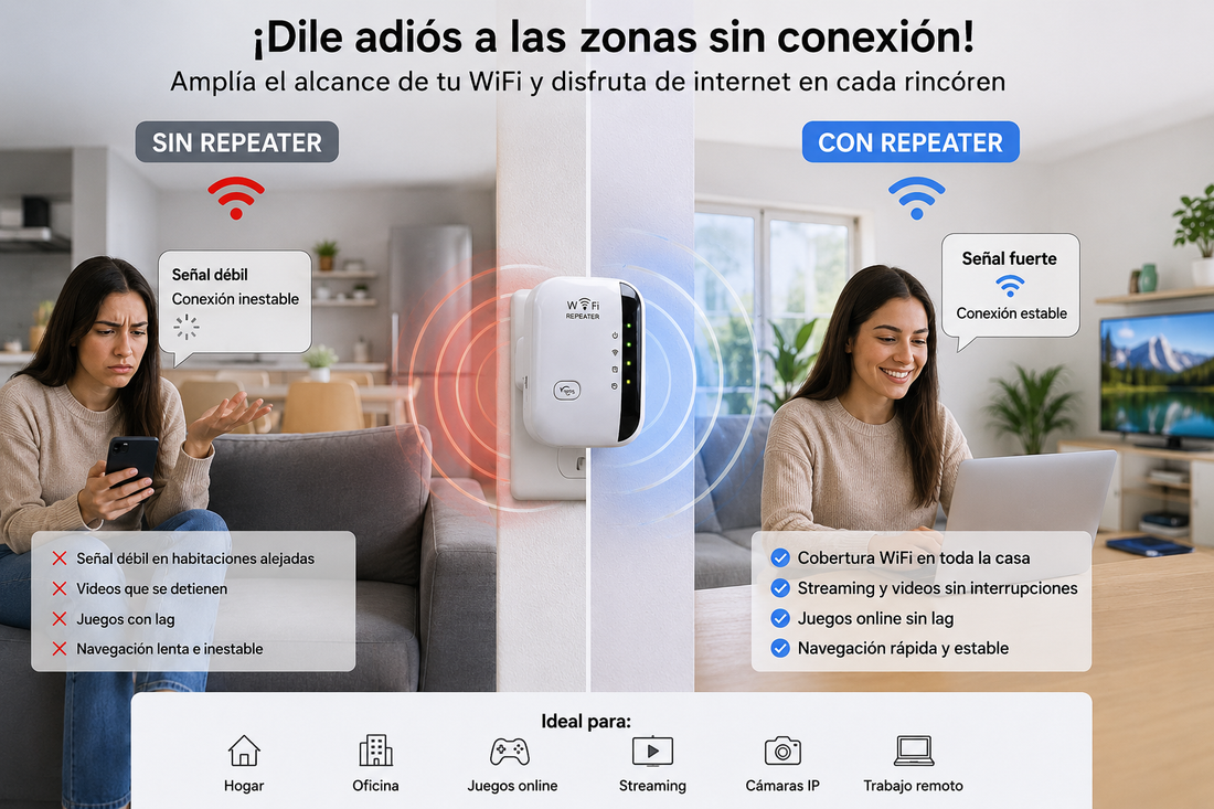 Repetidor WiFi inalámbrico para ampliar la cobertura de internet en hogares y oficinas, con instalación sencilla y diseño compacto de enchufe de pared.