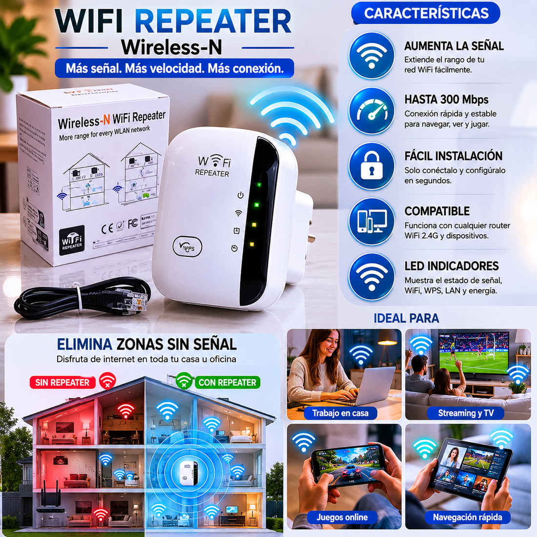Repetidor WiFi inalámbrico para ampliar la cobertura de internet en hogares y oficinas, con instalación sencilla y diseño compacto de enchufe de pared.