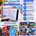 Repetidor WiFi inalámbrico para ampliar la cobertura de internet en hogares y oficinas, con instalación sencilla y diseño compacto de enchufe de pared.