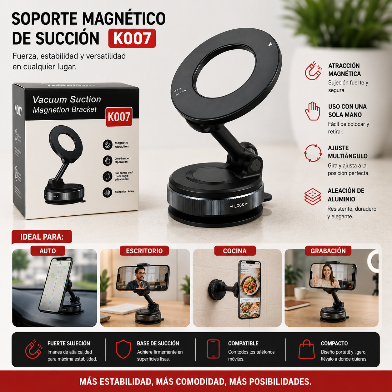 Soporte magnético para celular K007 con rotación de 360°, compatible con teléfonos de 3 a 6.5 pulgadas para automóvil o escritorio.