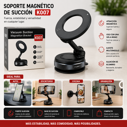 Soporte magnético para celular K007 con rotación de 360°, compatible con teléfonos de 3 a 6.5 pulgadas para automóvil o escritorio.