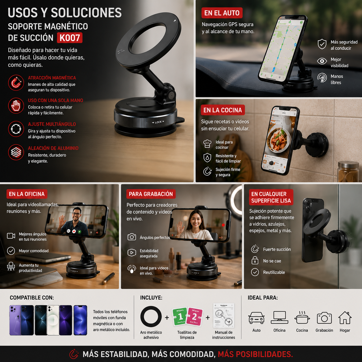 Soporte magnético para celular K007 con rotación de 360°, compatible con teléfonos de 3 a 6.5 pulgadas para automóvil o escritorio.