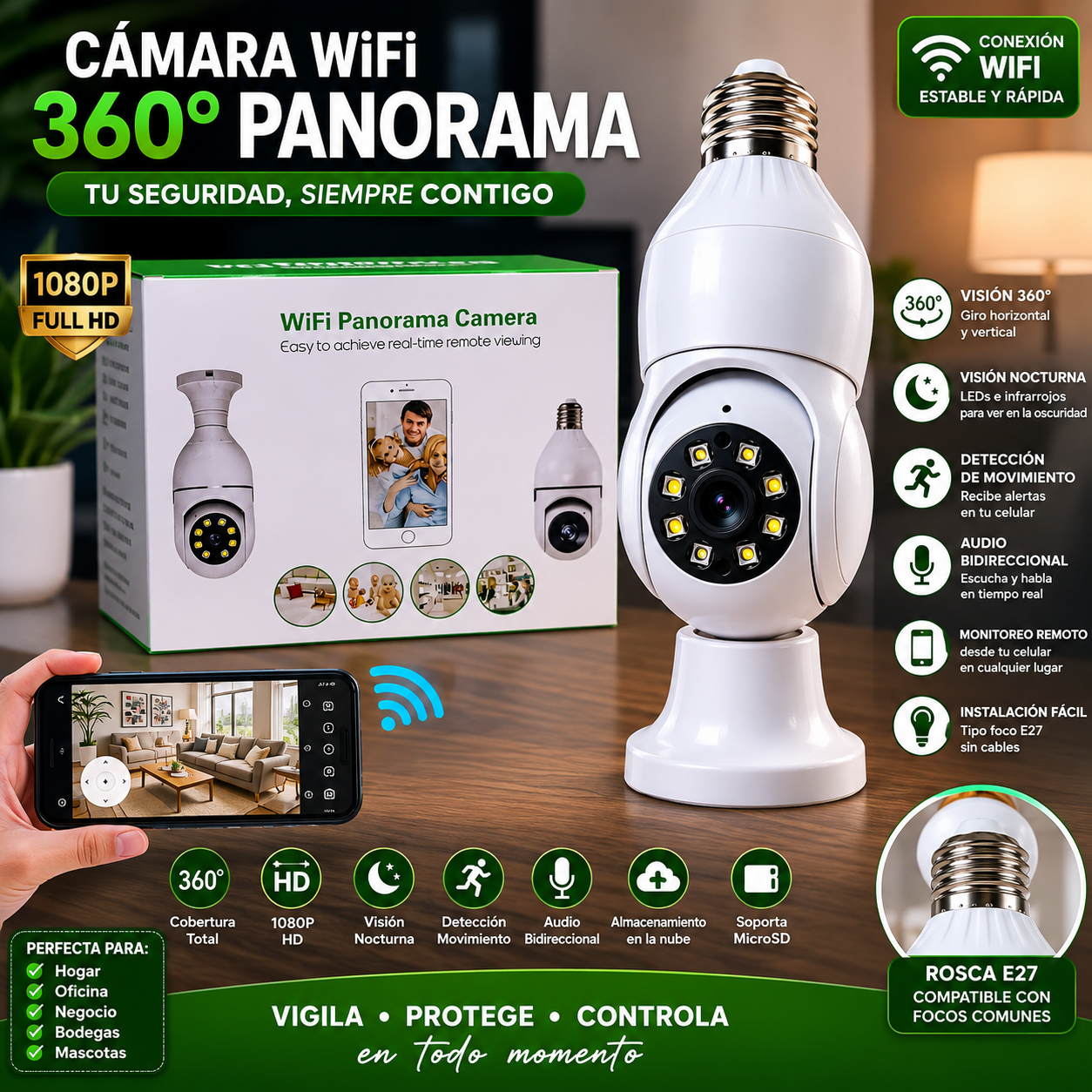 Cámara WiFi 360 tipo bombilla con visión nocturna, audio bidireccional, seguimiento humano y monitoreo remoto desde aplicación móvil.