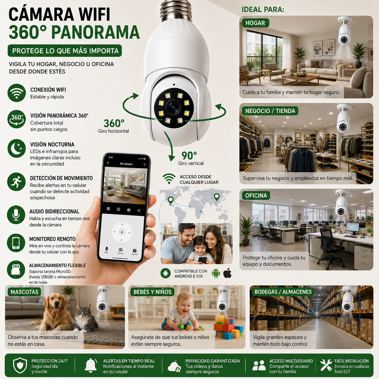 Cámara WiFi 360 tipo bombilla con visión nocturna, audio bidireccional, seguimiento humano y monitoreo remoto desde aplicación móvil.