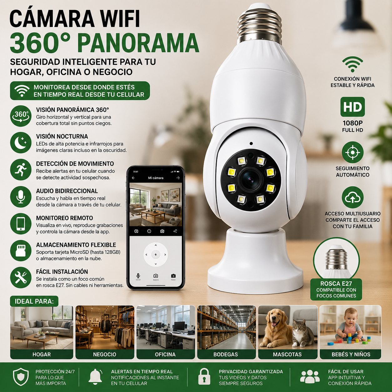 Cámara WiFi 360 tipo bombilla con visión nocturna, audio bidireccional, seguimiento humano y monitoreo remoto desde aplicación móvil.