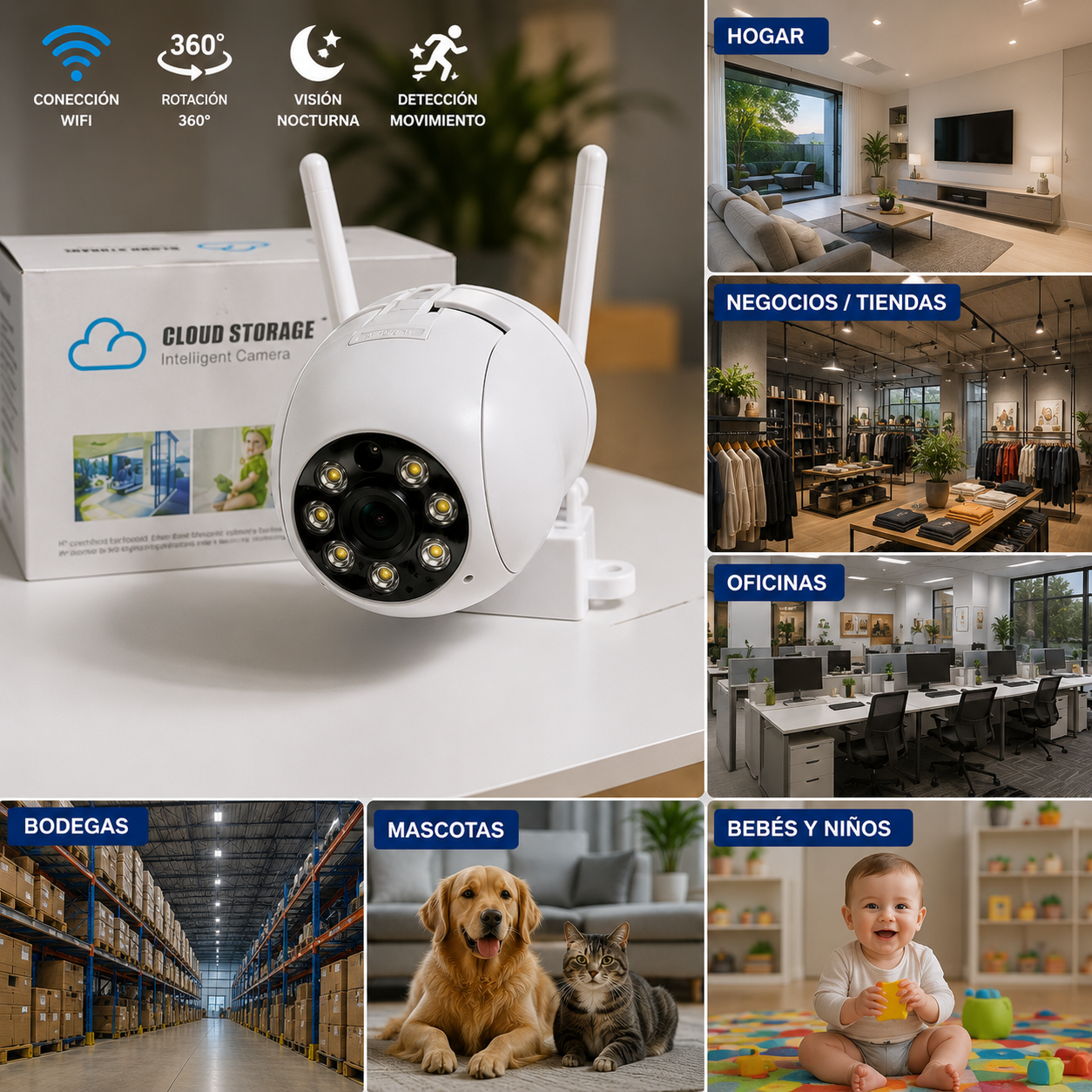 Cámara inteligente de seguridad con monitoreo remoto, visión nocturna, detección de movimiento y vigilancia en tiempo real para hogar o negocio.