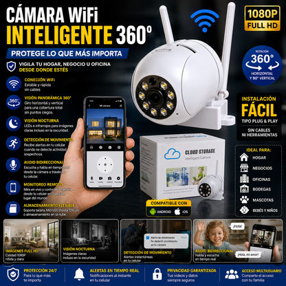 Cámara inteligente de seguridad con monitoreo remoto, visión nocturna, detección de movimiento y vigilancia en tiempo real para hogar o negocio.
