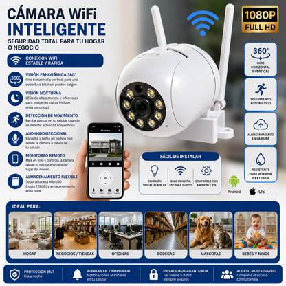 Cámara inteligente de seguridad con monitoreo remoto, visión nocturna, detección de movimiento y vigilancia en tiempo real para hogar o negocio.
