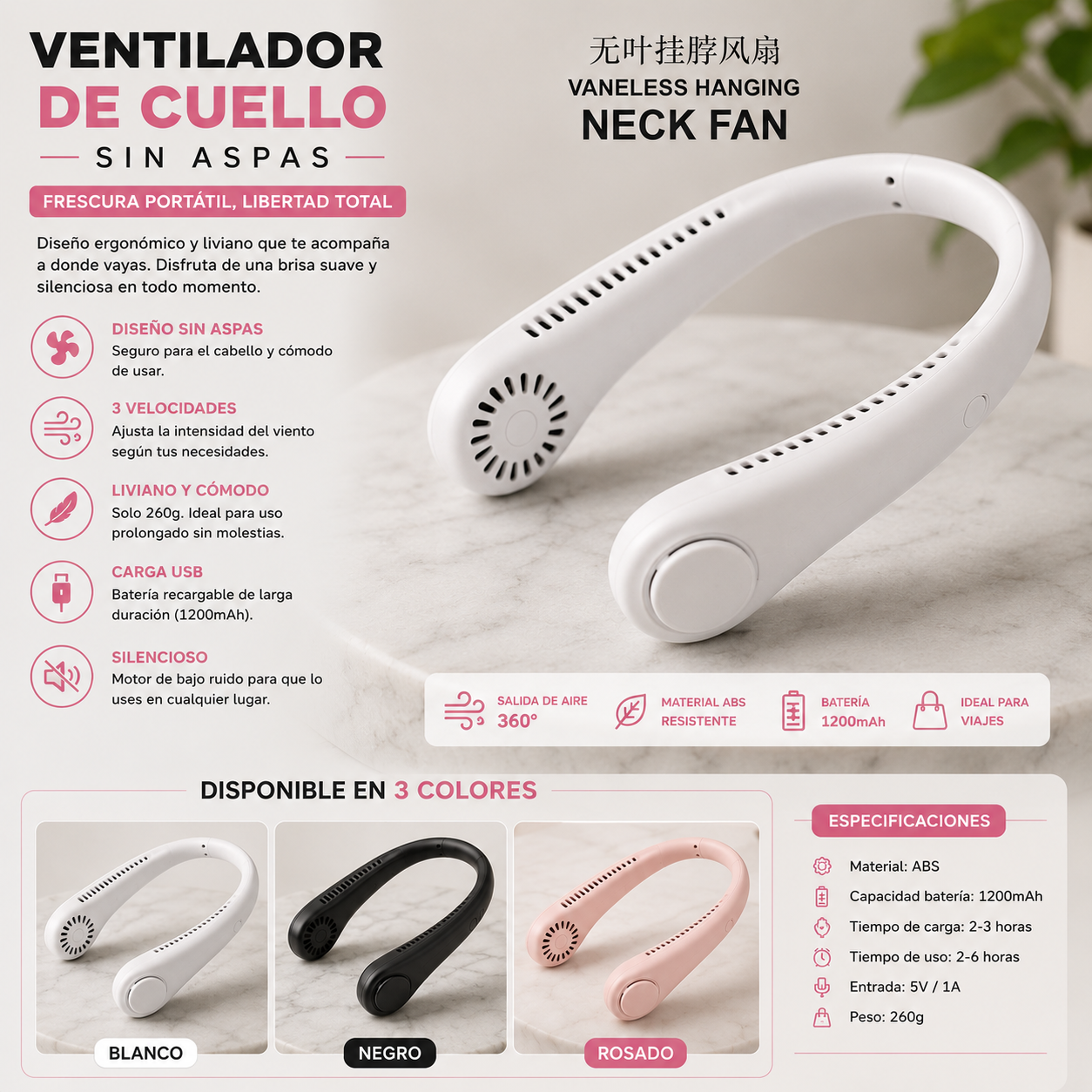 Ventilador de cuello portátil recargable con diseño manos libres para uso diario.

Ventilador de cuello ergonómico ideal para mantenerse fresco en interiores y exteriores.

Detalle de ventilador portátil de cuello con salidas de aire integradas y diseño ligero.

Ventilador personal recargable por USB para oficina, caminatas y viajes.

Ventilador de cuello cómodo y portátil para aliviar el calor durante actividades diarias.

Vista frontal de ventilador de cuello manos libres con diseño moderno y compacto.

