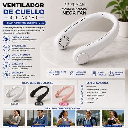 Ventilador de cuello portátil recargable con diseño manos libres para uso diario.

Ventilador de cuello ergonómico ideal para mantenerse fresco en interiores y exteriores.

Detalle de ventilador portátil de cuello con salidas de aire integradas y diseño ligero.

Ventilador personal recargable por USB para oficina, caminatas y viajes.

Ventilador de cuello cómodo y portátil para aliviar el calor durante actividades diarias.

Vista frontal de ventilador de cuello manos libres con diseño moderno y compacto.

