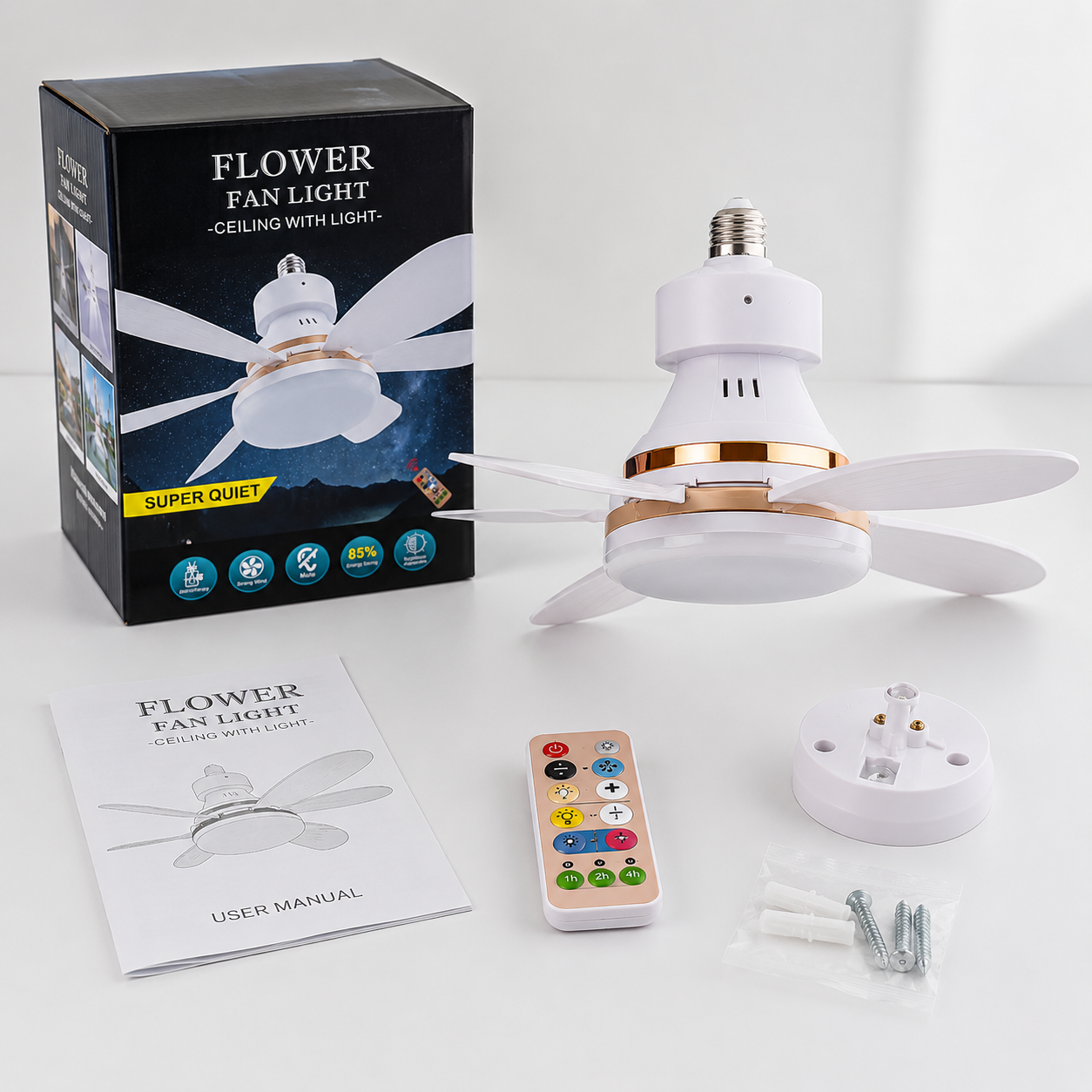 Ventilador de techo con foco LED y diseño moderno.