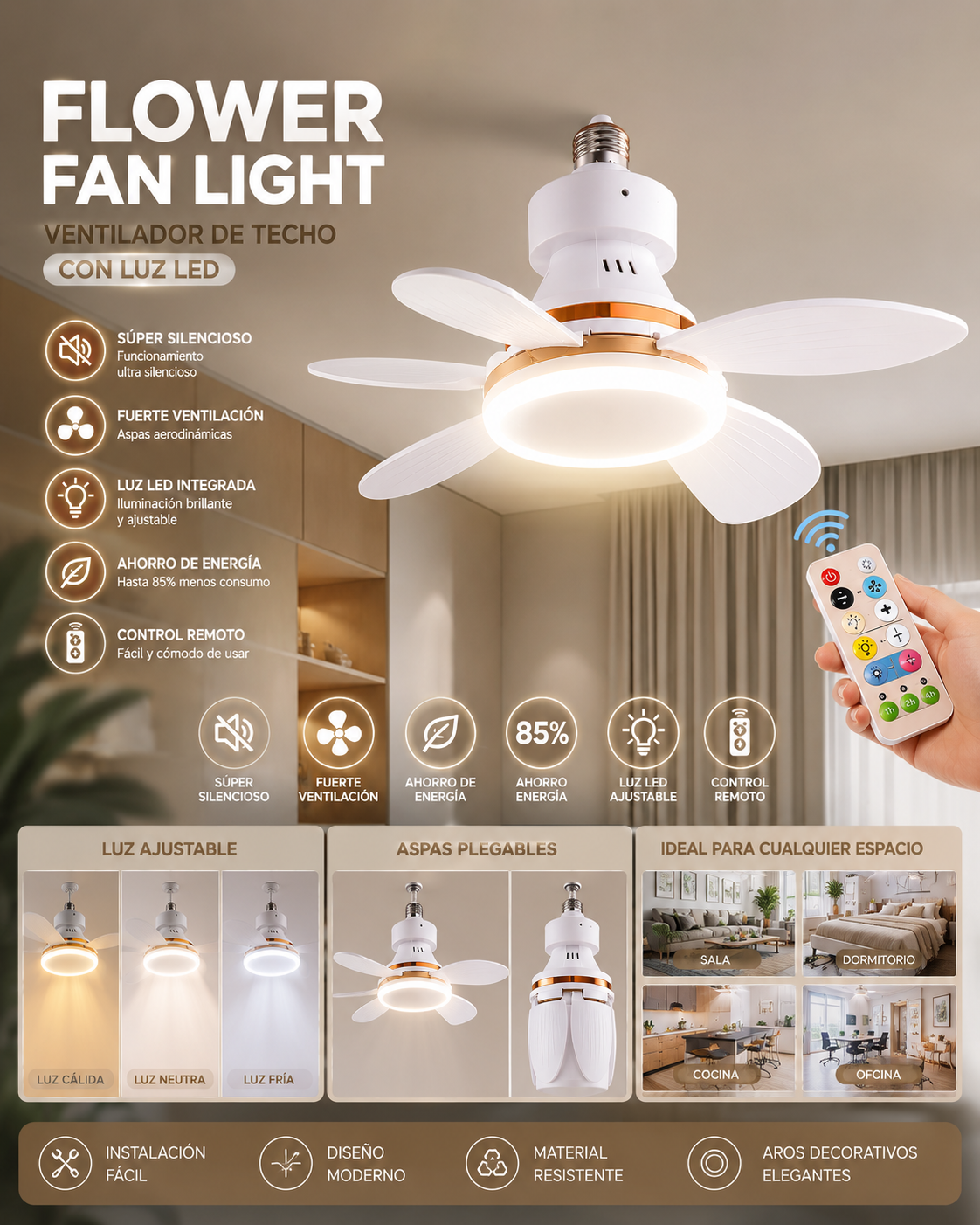 Ventilador de techo con foco LED y diseño moderno.