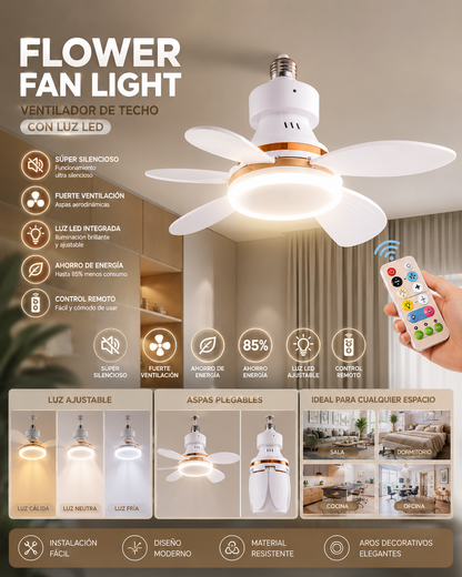 Ventilador de techo con foco LED y diseño moderno.